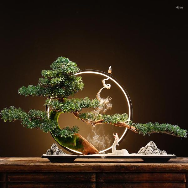Figurine decorative Simulazione Root Carving Pine Tree Deadwood Stile cinese Giardino Zen Luci a LED Backflow Censer Living Room Decor