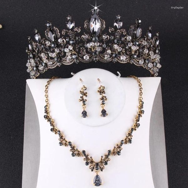 Haarspangen Barock Vintage Schwarz Kristall Tiaras Kronen Halskette Ohrringe Set Faux Perle Brautschmuck Sets Für Frauen Hochzeit Zubehör