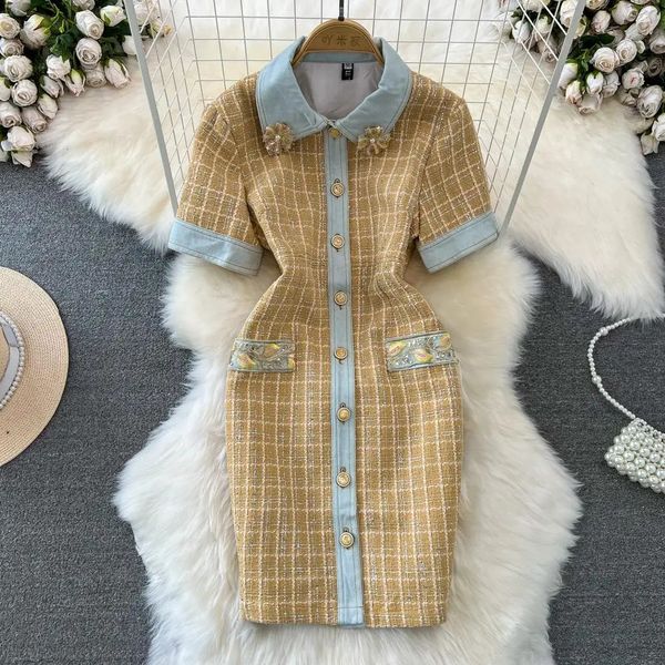 Kleider Fashion Runway Herbst Tweed Kleid Damen Perlen Kurzarm Einzelbrust Retro Patch Work Party Kurzer Rock Weste 231114