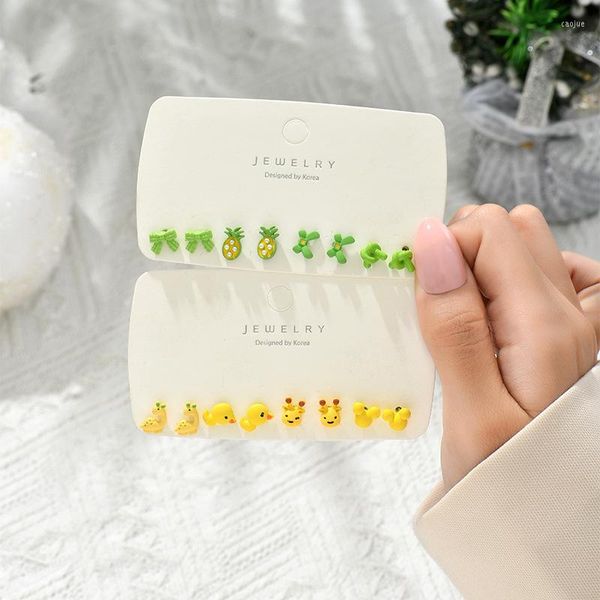 Orecchini a bottone S925 Ago 4 paia Set Kawaii Fiori colorati Frutti Ear Post per ragazze Studenti Corea Gioielli Regali