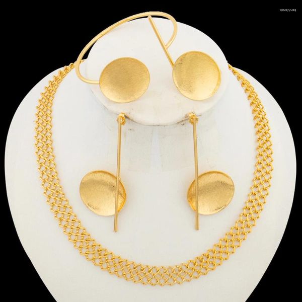 Brincos de colar conjunto de jóias banhadas a ouro brasileiro balançar e corrente com anel de pulseira para festa de noivado nigeriano