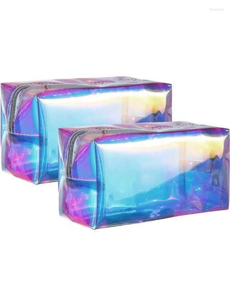 Sacos cosméticos 2 peças saco de maquiagem holográfica iridescente higiênico glitter lápis caso bolsa de viagem para ferramentas organizar