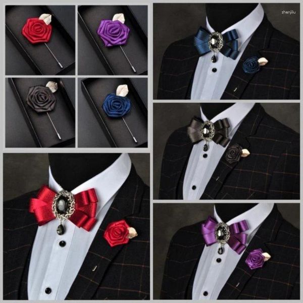 Papillon Cravatta Spilla Set Uomo britannico Donna Business Banchetto Abiti da sposa Camicia Accessori Colletto a nastro Fiori Spille Corpetto