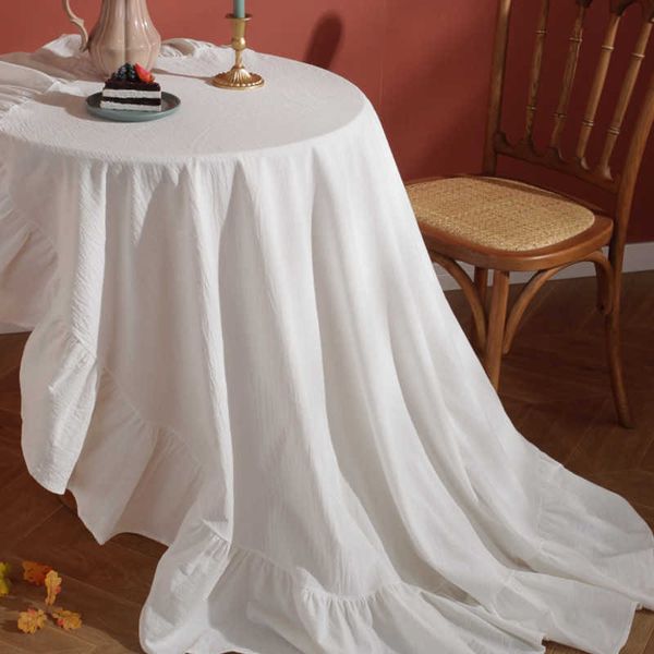Ruffled Cotton Tablecloth by Brand - Elegant White Round Cloth for Weddings, Parties & Events - 180cm Diameter, Pumpkin Color Accents