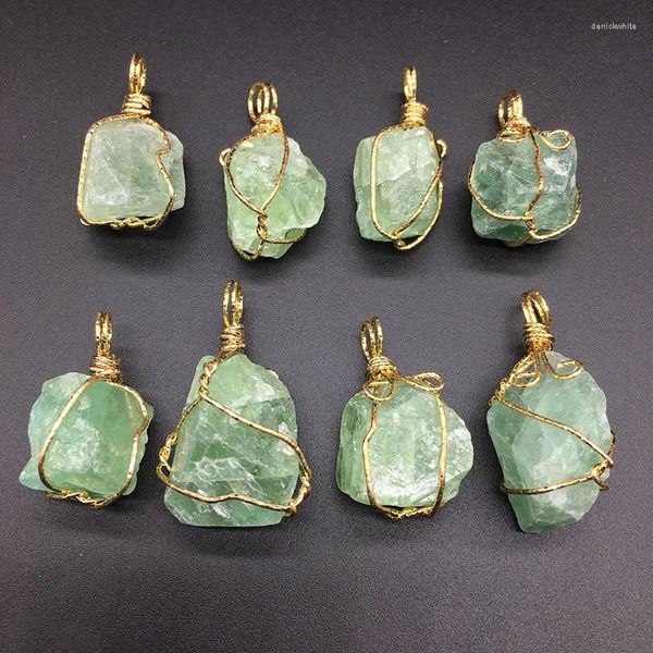 Colares de pingente fio artesanal envolto ouro cor pepitas irregular pedra original natural verde fluorite quartzo pingentes mulheres jóias