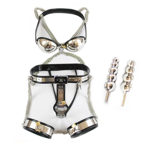 Cintura di castità femminile in acciaio inossidabile Reggiseno intimo Dispositivo Coppia Polsini della coscia BDSM Bondage Restraint Spina vaginale Accessori Donna