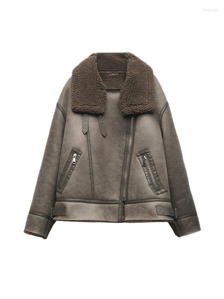 Couro feminino Ailegogo Autumn Winter Women Loose Faux Suede Lamb Jacket Jacket Motor Biker Feminino Zíper grosso e quente