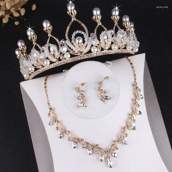 Halskette Ohrringe Set Barock Vintage Kristall Perlen Blatt Braut Strass Tiaras Ohrstecker Krone Hochzeit Dubai Schmuck