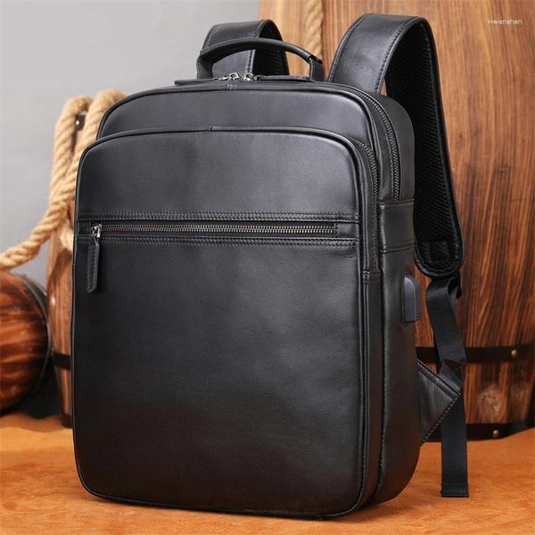 Sacos escolares de alta capacidade mochila de couro real cowskin saco de computador preto masculino genuíno mochilas para portátil 13 14 Polegada daypack