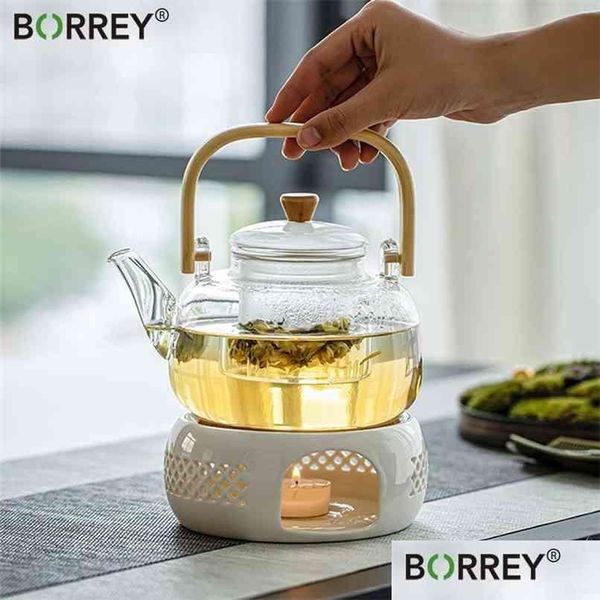 Teiere Borrey Maniglia Teiera in vetro Fiore resistente al calore Bollitore per tè Grande contenitore trasparente per succo di frutta Base in ceramica 210621 Drop Otaqu