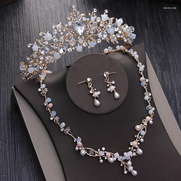 Collana Orecchini Set Perle di cristallo nobili Perle Strass da sposa Spettacolo Diadema Diademi Corona Gioielli da sposa Dubai