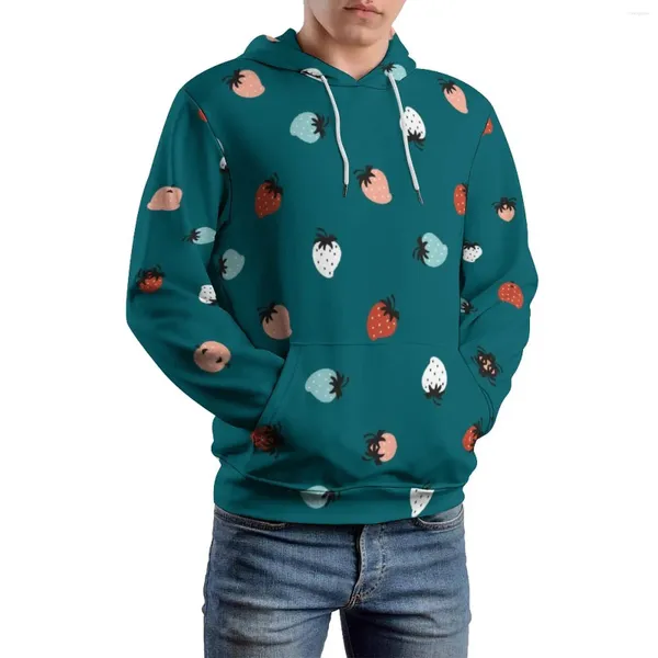 Hoodies masculinos morango colorido solto fruta elegante pulôver com capuz masculino manga longa oversized design casual topos