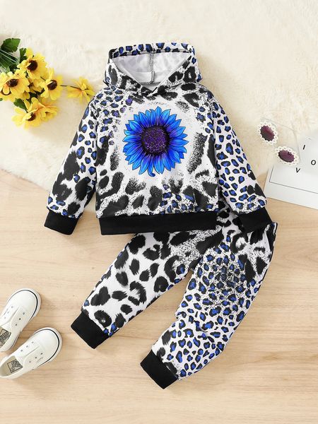 Conjuntos de roupas Primavera e Outono Bebê Meninas Leopardo Padrão Girassol Manga Longa Hoodie Calças Definir Moda Casual 231113