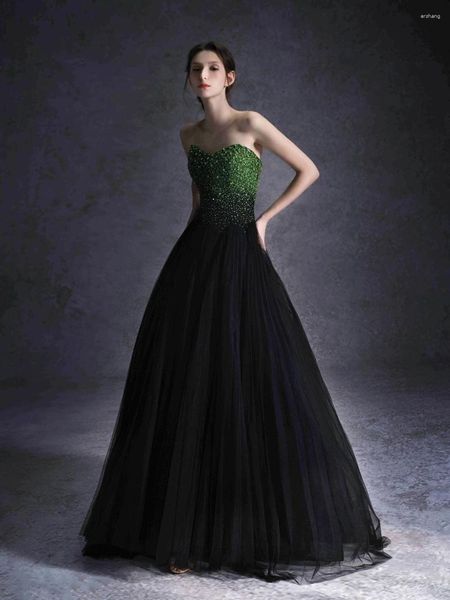 Abiti da festa Vintage nero verde Prom senza spalline di lusso fatti a mano con perline A-line pieghettati in tulle da sposa abiti da sera da cocktail