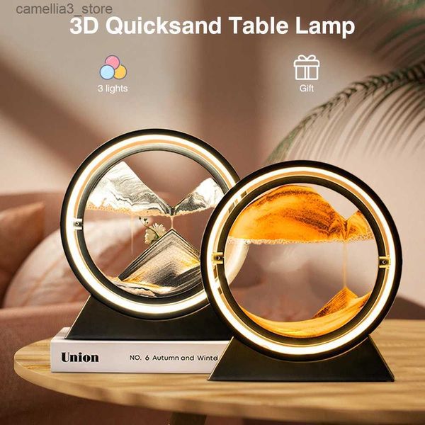 Luzes da noite Movendo Arte Areia Led Candeeiro de Mesa 3D Ampulheta Luz Deep Sea Sandscape 360 Rotatable Areia Movediça Decorativa Luzes Noturnas Decoração de Casa Q231114