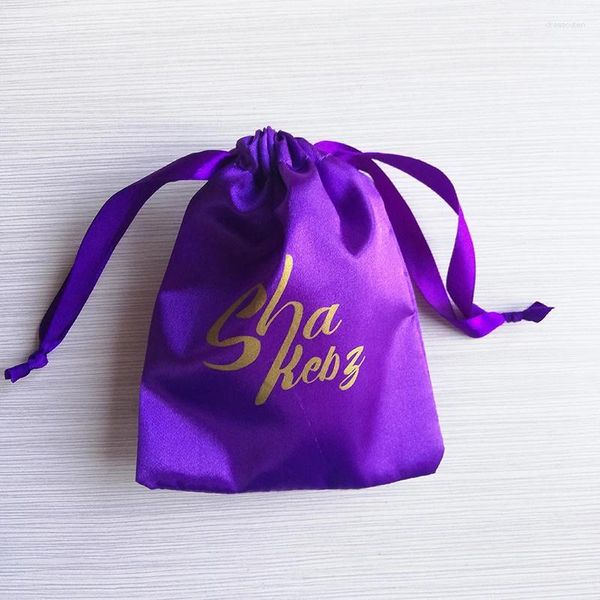 Sacos de compras 500 pçs/lote saco de cordão de cetim de luxo em roxo com meu personalizado sua extensão de cabelo perucas presente embalagem de jóias