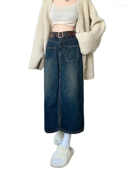 Saias francesas vintage lavado denim saia feminina 2023 primavera outono 90s moda meninas cintura alta nicho designer split feminino