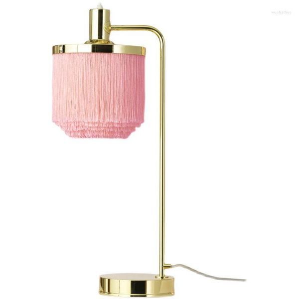 Tischlampen Goldenes poliertes Schmiedeeisen Bsae mit rosa / weißem Quastenschirm E14 LED Nachttischlampe Knopfschalter EU US Plun In Type