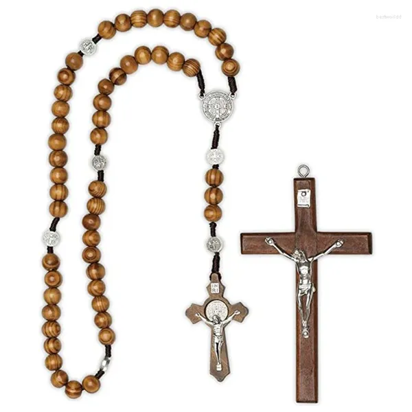 Anhänger Halsketten Diyalo 2 Stücke Katholisches Kruzifix Jesus Kreuz Holz Christus Rosenkranz Perlen Halskette Set Ornament Dekoration