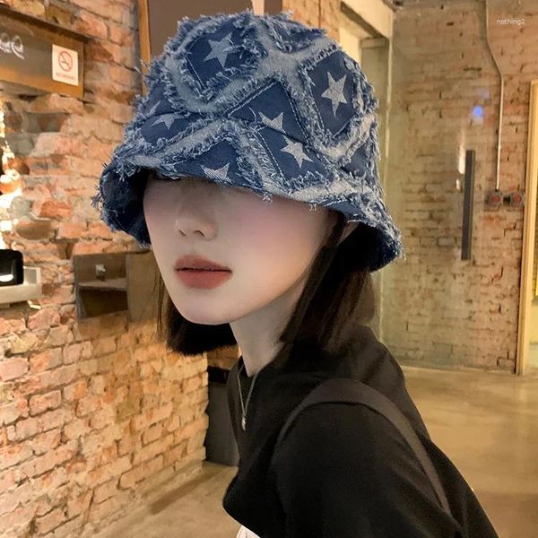 Berets Japonês Raw Star Blue Denim Bucket Chapéus para Mulheres e Homens Verão Outono Nicho Design Sense Show Face Pequena Bacia Caps