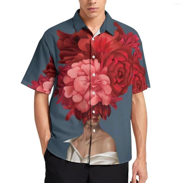 Camisas casuais masculinas Mulheres abstratas cabeça camisa solta homens bouquet de bouquet vermelho estampa de flor vermelha manga curta moda de tamanho grande blusas