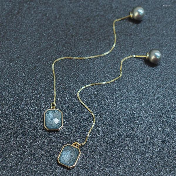 Orecchini pendenti vintage quadrati blu zircone argento sterling 925 gioielli nappa lunga per le donne orecchini a bottone carini fatti a mano matrimonio