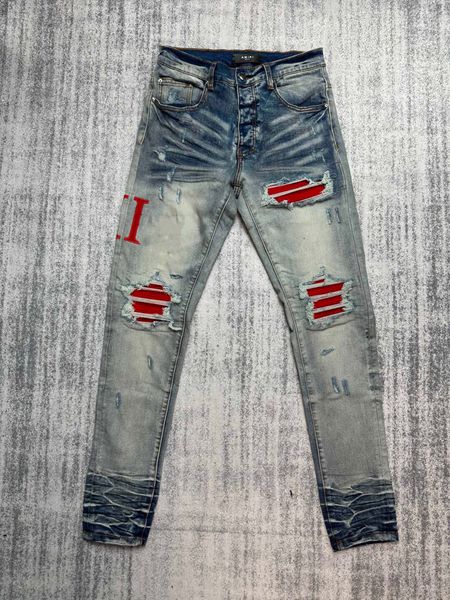 ns Jeans Casual Slim Herren Designer Jean Stretch Hose Destroy the Quilt Ripped Straight Knee Gelbes Leder Retro Hip Hop Street Pant 2 HNV6