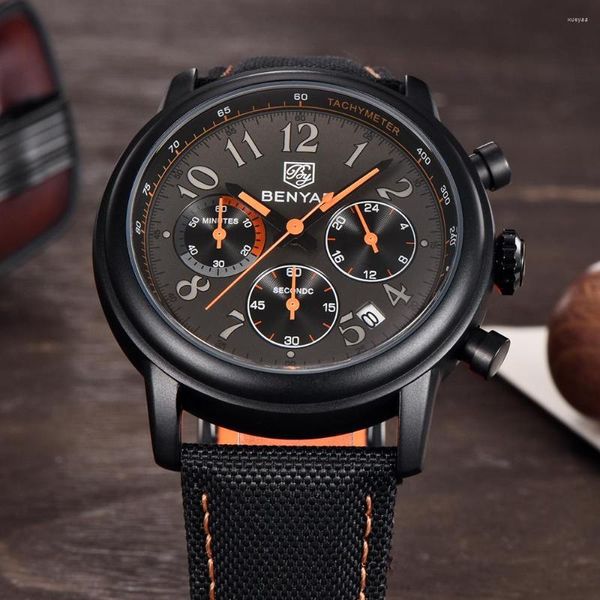 Avanadores de pulso Benyar Sports Watch for Men Fashion Quartz Wristwatch Lexury Leather Mens Watches 50Atm impermeável Relogio Masculino