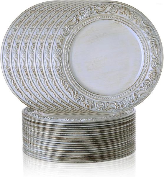 Piatti Pz Caricatore bianco antico Caricatori da tavolo in plastica goffrata da 13 pollici per piatti da pranzo rotondi per server decorativi