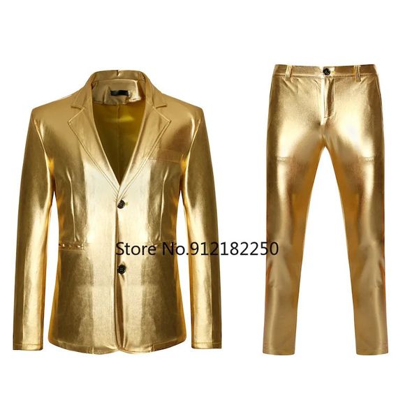 Abiti da uomo Blazer da uomo in oro lucido 2 pezzi Abiti BlazerPantaloni Terno Masculino Fashion Party DJ Club Dress Tuxedo Suit Uomo Stage Singer Clothes 231114