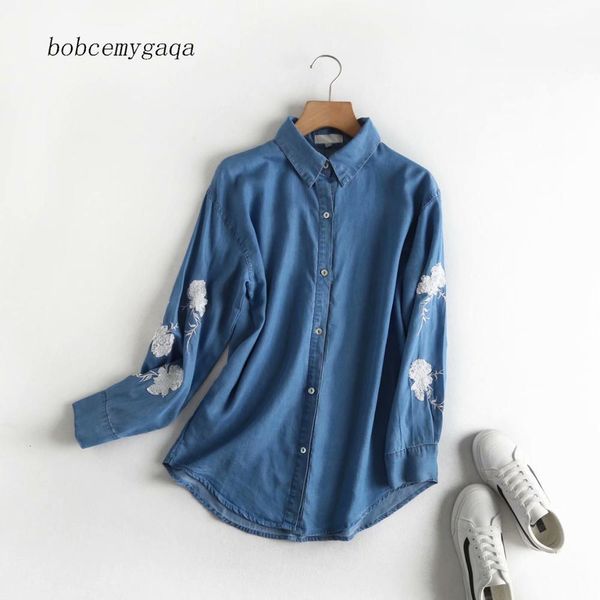 Camisas de blusas femininas Bordado de jeans da camisa de jeans reverte o colarinho de outono de manga longa camisa jeans longa streetwear ladies Blue Blouse camisa 230414