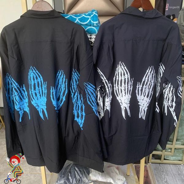 Camisas casuais masculinas de alta qualidade wacko maria esqueleto fantasma claw estampar shirt street solto havaiano estilo de férias de manga longa homens mulheres