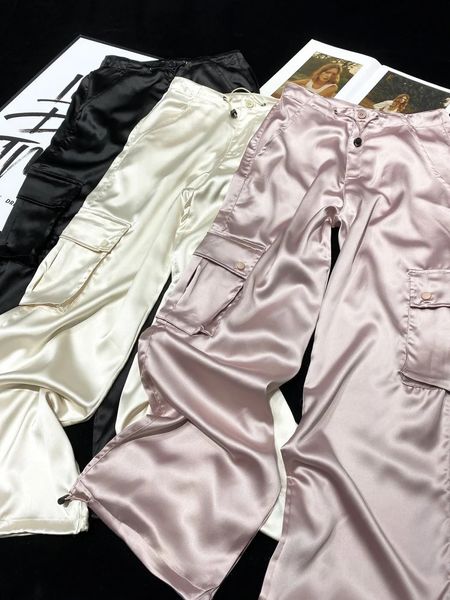Calças femininas yozo luxo seda gorpcore sólido rosa cordão fluido baggy carga mulheres preto bege cinza streetwear calças bottoms 231114
