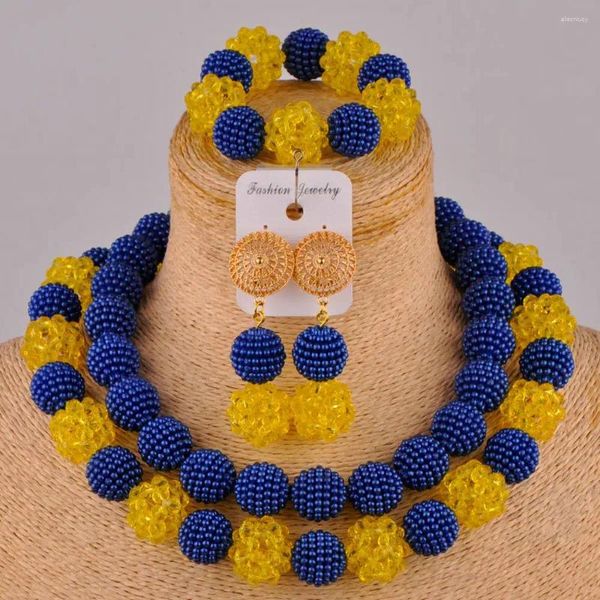 Colar brincos conjunto est azul real e amarelo moda africano jóias grânulo nigeriano FZZ96-07