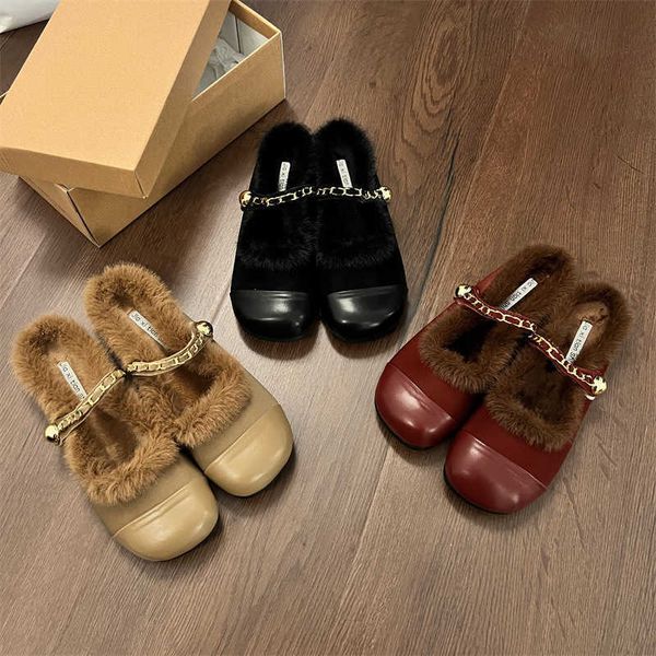 Chinelos de algodão peludo acolchoados de fundo plano sapatos femininos outono e inverno mary jane design sentido baotou metade arrasta 111523a