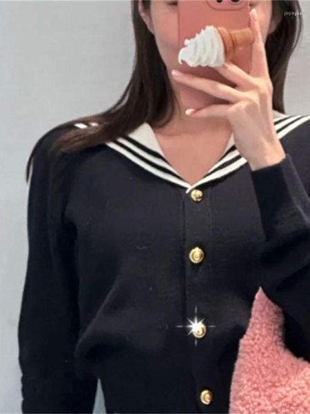 Jackets femininas Mulheres Contraste Color Cardigan de malha listrado 2023 Lady Sweet Sweet Sailor Collar Sleeve Longa Sweater Basted
