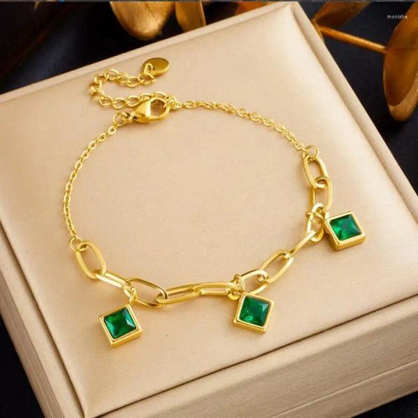 Braccialetti di collegamento 2023 braccialetto con pendente di fascino di zircone verde quadrato in acciaio inossidabile per le donne regalo di festa di compleanno di gioielli di lusso di tendenza della moda