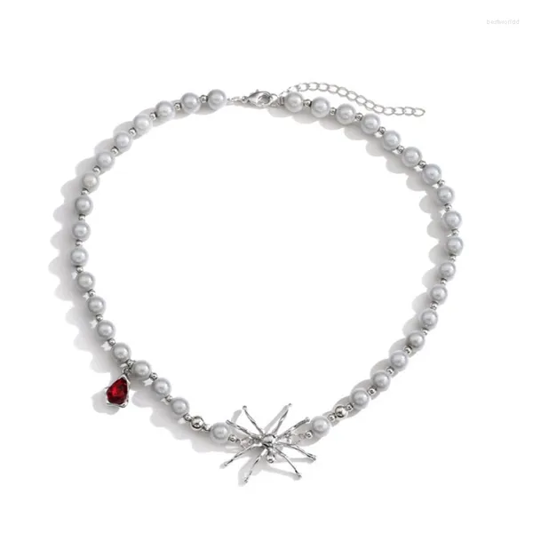Collana di perle di perle girocollo con rubini e ragni a ciondolo unisex gioielli unisex