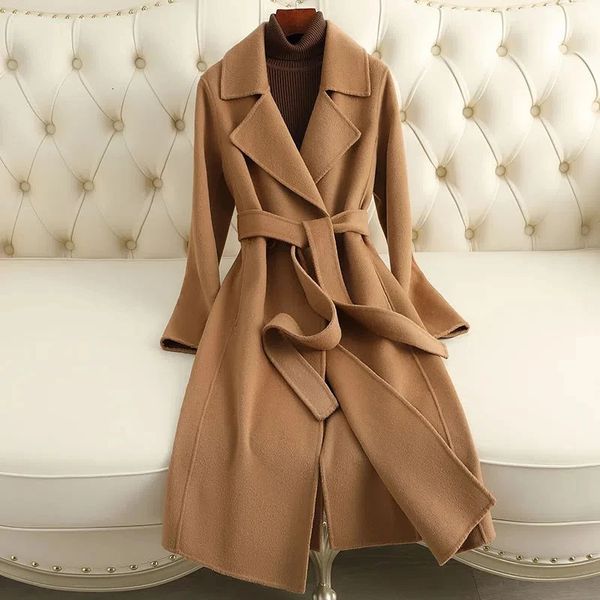 Женское полушерстяное пальто, 100% шерсть, женская осенне-зимняя модная кашемировая шерстяная куртка, длинное пальто, уличная одежда, верблюжье-черное пальто, женская 231114