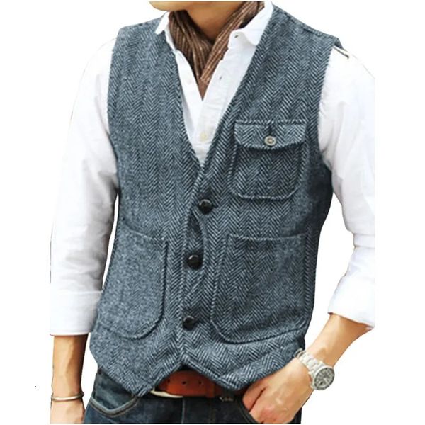 Coletes masculinos casual ferramental colete formal espinha de peixe tweed marrom v pescoço lã colete negócios colete noivo para o baile de casamento 231113