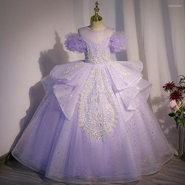 Mädchenkleider Luxus Kinder Mädchen Glitzer Lila Tüll Prinzessin Kleid Plissee Blume Schulterfrei Performance Prom Ball Bown