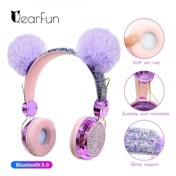 Handy-Kopfhörer Bling Kabellose Kopfhörer Bluetooth Mädchen Kabelgebundene Kopfhörer mit Mikrofon Kinder Luxus Glitter Cute Hairball Music Headset 230414
