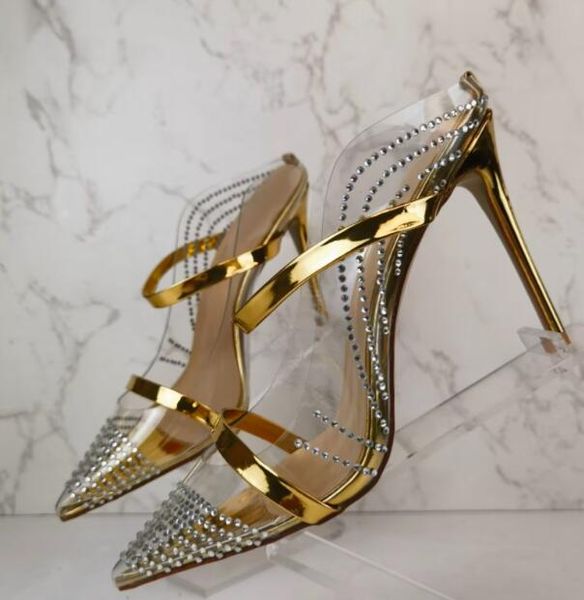 2023 Strass lila goldene Ledersandalen Damen Peep Toe Thin Heels Transparente High Heels 11mm