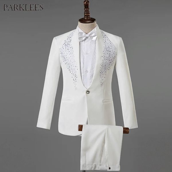 Herrenanzüge Blazer Weiß Hochzeit Bräutigam Kleid Anzug Männer Kostüm Homme Mariage Stilvolle Diamantstickerei Slim Fit Smoking Herren mit Hosen 231114