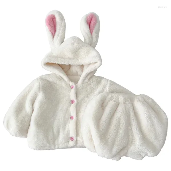 Set di abbigliamento Set di vestiti invernali per bambini in peluche Bianco Cappotto caldo carino Pantaloncini Completo Costume da ragazza Cappotti con cappuccio moda Vestito da neonato