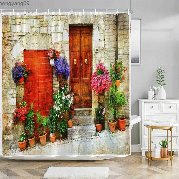 Duschvorhänge, toskanischer Duschvorhang, bunte Blumen außerhalb des Hauses in der Tür, Bild, Stoff, Kunst, Badezimmer-Dekor, R231114