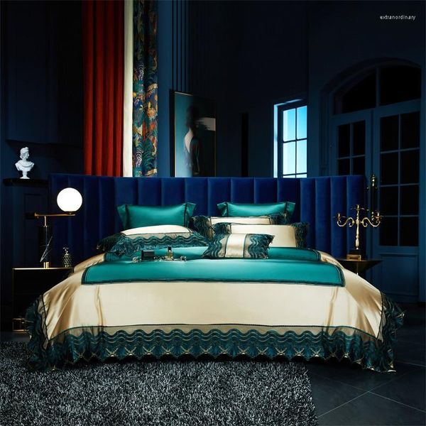 Bedding Sets Luxury Cetin Silky 4/7/8pcs Conjunto chique em azul laranja de retalhos de renda capa de edredão combinando lençol macio/fronhas espalhadas