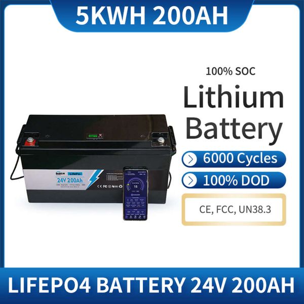 Batería de litio y hierro de 24 V, 200 Ah, batería LiFePO4 de 5120 Wh con BMS incorporado Máx. Potencia de carga de 5120 W perfecta para vehículos recreativos de respaldo en el hogar