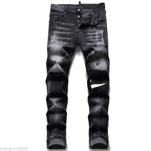 Kj46 Schwarze Designer-Jeans für Herren, Punk, Hip-Hop, Kleidung, Mode, Streetwear, zerstört, ausgefranst, Loch, elastisch, mittlere Taille, lange Denim-Hose zum Joggen