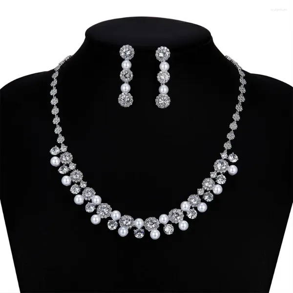 Halskette Ohrringe Set CZ Zirkonia Perlen Braut Hochzeit Ohrring für Frauen Abschlussball Zubehör Modeschmuck